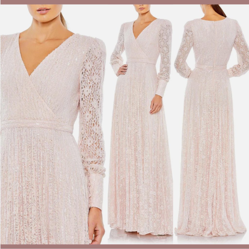 Nwt $798 Mac Duggal [ 20 ] Beaded Lace Long Sleeve Wrap Over Gown Rose Q614